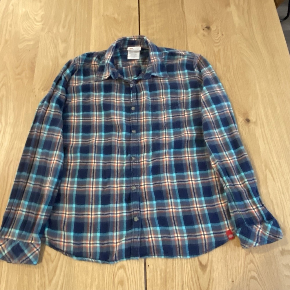 Dickies Flannel Shirt Women's Large Teal Navy Long Sleeve Button Up